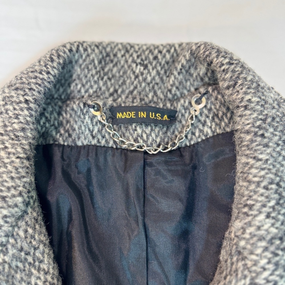 Vintage 100% Wool Herringbone Overcoat Mens Grey Long Trench Coat Made in USA - Picture 3 of 11